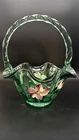 Fenton Vintage Hand-Painted Green Art Glass Basket, signed