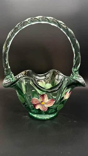Fenton Vintage Hand-Painted Green Art Glass Basket, signed