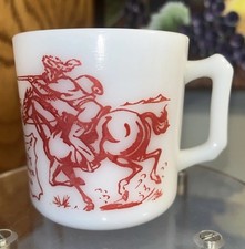 Vintage Hazel Atlas Davy Crockett mug, red graphic on white milk glass