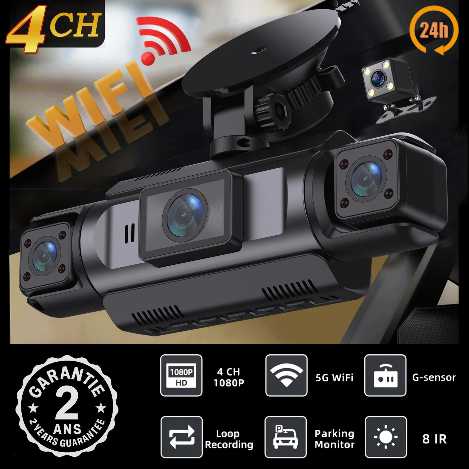 Dashcam voiture 4 caméras 1080P et mode parking 24h avec wifi 5G et carte 128 Go intégrée