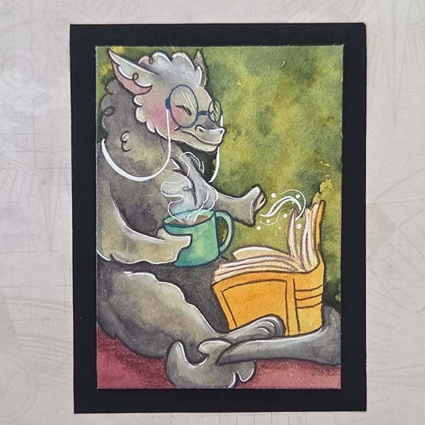 ACEO Grey Dragon Books Library Mythical Fantasy Original Painting Ariel West