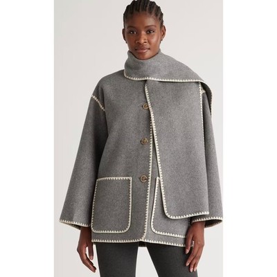 Marc New York Andrew Marc Grey Scarf Cape Jacket Blanket Stitch Scandi Style Med