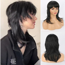 Mullet Wolf Cut Wig with Bangs Layered Black Mullet Wig Short Synthetic Mullet W