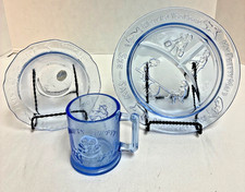 Tiara Nursery Rhyme Blue Childs Dinner Set Plate Bowl Mug Vintage Glass