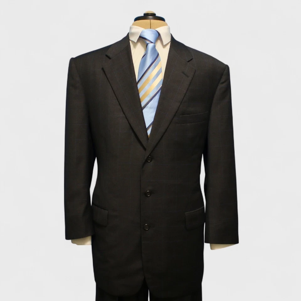 Bespoke Paul Stuart 2 Piece Suit 42R Charcoal Gray Windowpane Wool Pleated - Image 2 of 4