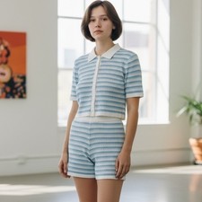 Striped Knit Polo Shirt Shorts Set Light Blue White Casual Lounge Wear