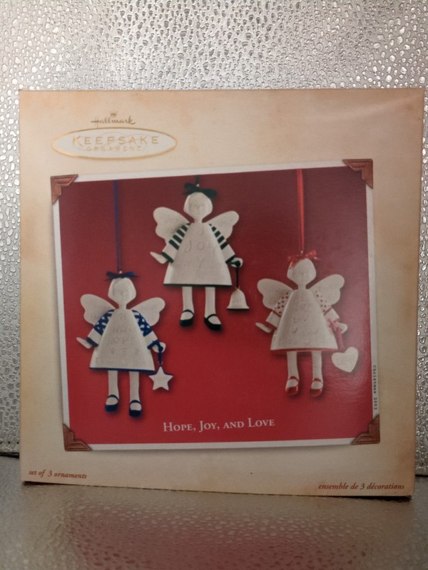 Hallmark Keepsake Ornament Box Hope Joy Love Vintage Porcelain 2002 Three Angels