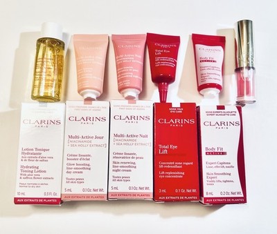 Clarins Mini Skincare Set Lip Oil, Multi Active Day Night Cream, Eye Lift, Toner