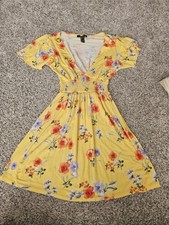 Forever 21 women floral yellow country flowy mini dress elastic waist v neck- sm