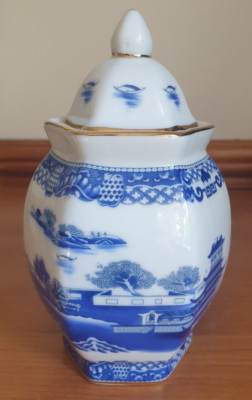 VINTAGE BLAU & WEISS RINGTONS TEEDOSE INGWERGLAS ORIENTALISCHES MUSTER