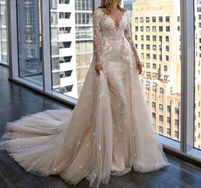 Luxury Mermaid Wedding Dresses Detachable Train Long Sleeves Applique Bride  Gown | eBay