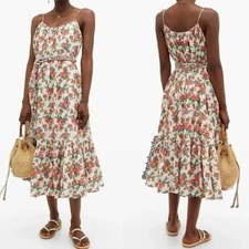 RHODE Lea Gathered Cotton Poplin Tiered Tie-Waist Midi Dress Floral White Dazzle