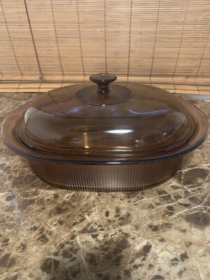 Vision Corning Ware Glass Amber V-34-B Roaster Casserole 4qt 4L with Lid USA