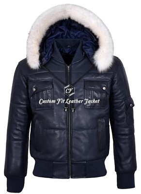 Herren Puffer Jacke Bomber Style Navy Echtleder Hoodie Jacke Pilot 6 Puffer
