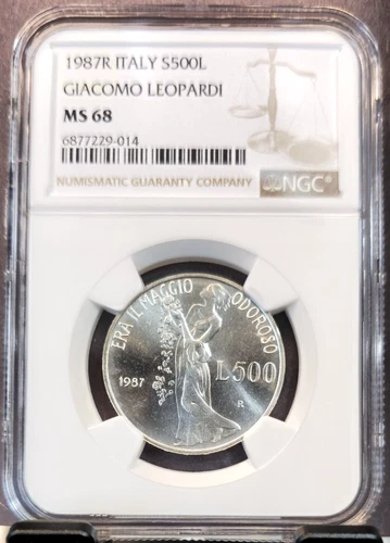 1987 ITALY SILVER 500 LIRE GIOCOMO LEOPARDI NGC MS 68 RARE GEM TOP POP 1