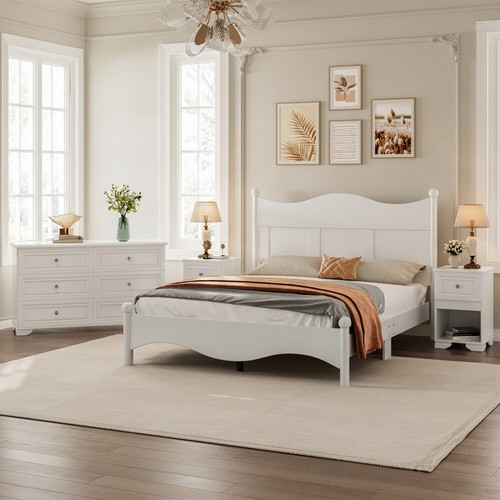 4 PCS Retro Style Sets, Queen Size Platform Bed, Nightstand and Dresser, White