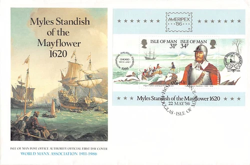 Stamps: First Day Cover, ISLE OF MAN, Myles Standish of Mayflower, 1986 4 Stamps