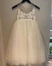 White Silver Beaded Tulle Eve Of Milady Flower Girl Ball gown Dress Size 6-10