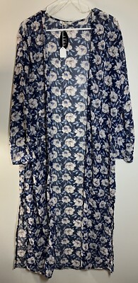 NWT COZY Blue Floral Multicolor Long Lightweight Kimono Size M