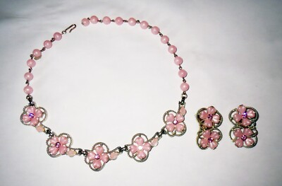 #ad Jewelry Lot Signed KRAMER SPRING PINK DAISY NECKLACE amp; EARRINGS SET $42.50