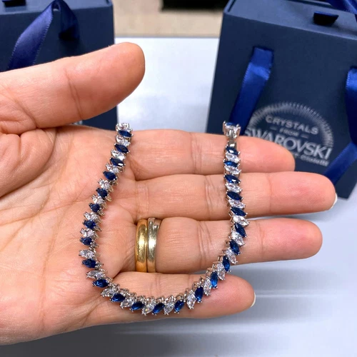 Bracciale Tennis Striscia Blu pl. oro Bianco 18k con Cristalli Swarovski B19 - Foto 3 di 4