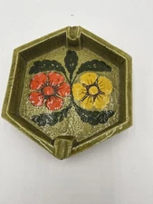 Vintage Ashtray Ceramic Hexagon With Floral Design Olive Green 