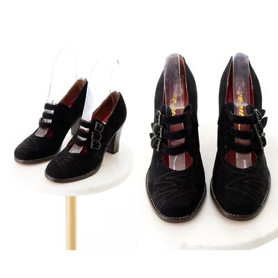 Vintage 1930s Style Shoes Modern RE-MIX Deadstock Black Suede Buckled Heels 