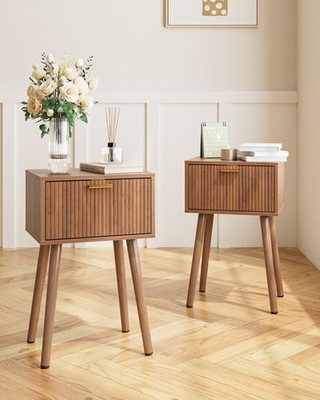 Night Stand Set 2, Walnut Nightstand with Fluted Doors, Small Modern MidCentu...