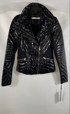 Blanc Noir Women's Black Quilted Moto Puffer Jacket Down Filled Shiny NWT Sz XS