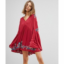 New Free People Te Amo Floral Boho Mini Dress $148 Red Small V-neck Sheer Lined