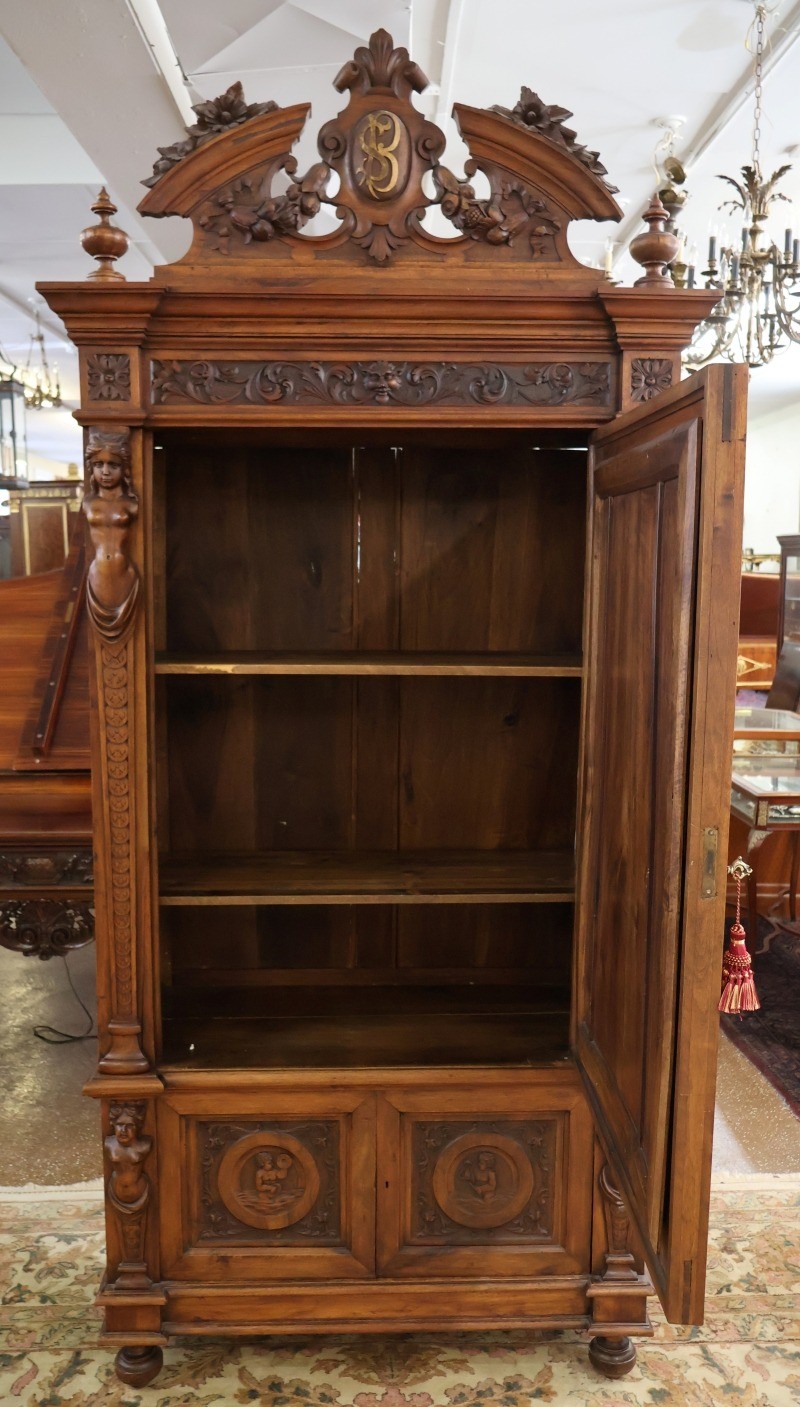 19th Century Italian Carved Walnut Figural Renaissance Revival Wardrobe Armoire