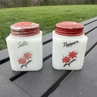 VINTAGE FLORAL DESIGN LARGE MILK GLASS SALT & PEPPER SHAKERS