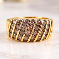 Men’s 14k Yellow Gold Ribbed Band Ring with Channel-Set Diamonds Size 7