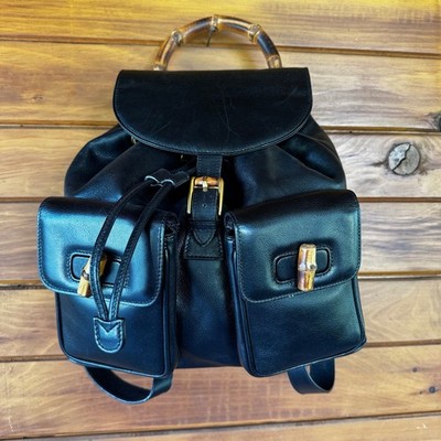 VTG 1990s Gucci Bamboo Handle Black Leather Backpack Bag | eBay display picture 2