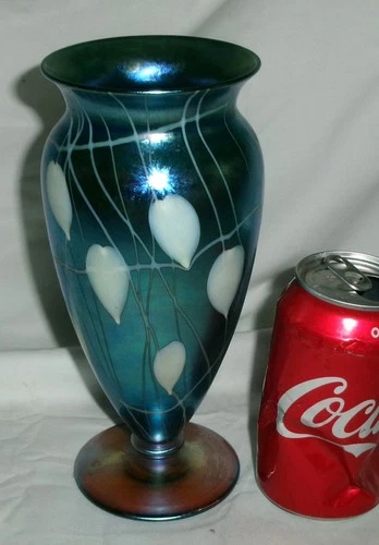 ANTIQUE DURAND BLUE HEARTS VINES ART GLASS FLOWER VASE STEUBEN TIFFANY FAVRILE