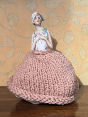 Vintage Half Doll China Keramik Figur Stoffsockel Nähen Nadelkissen #SPR174