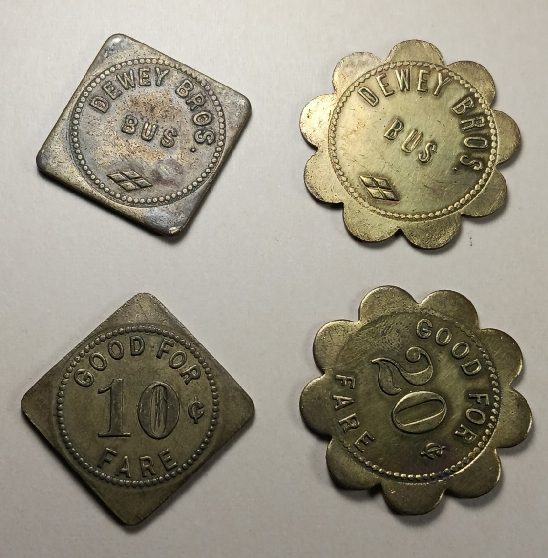 (4) 1920s Brass, DEWEY BROS. BUS Taxi Tokens, Good for 10 cts 20 cts Freeland PA