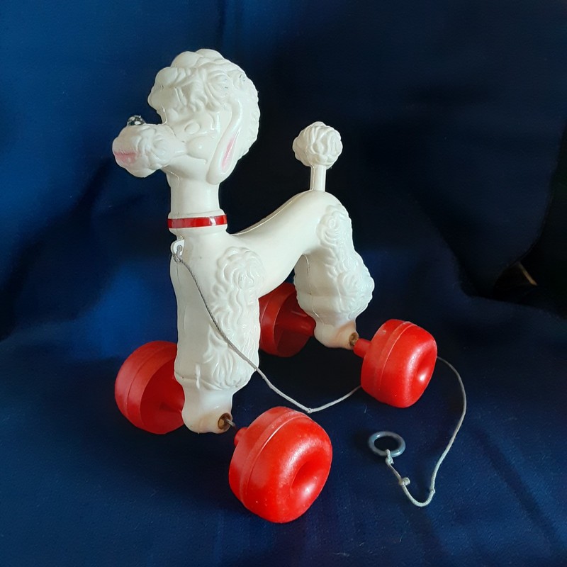 1950/1960s Vintage White Poodle Pull Toy, Red Wheels & Red Collar; Empire