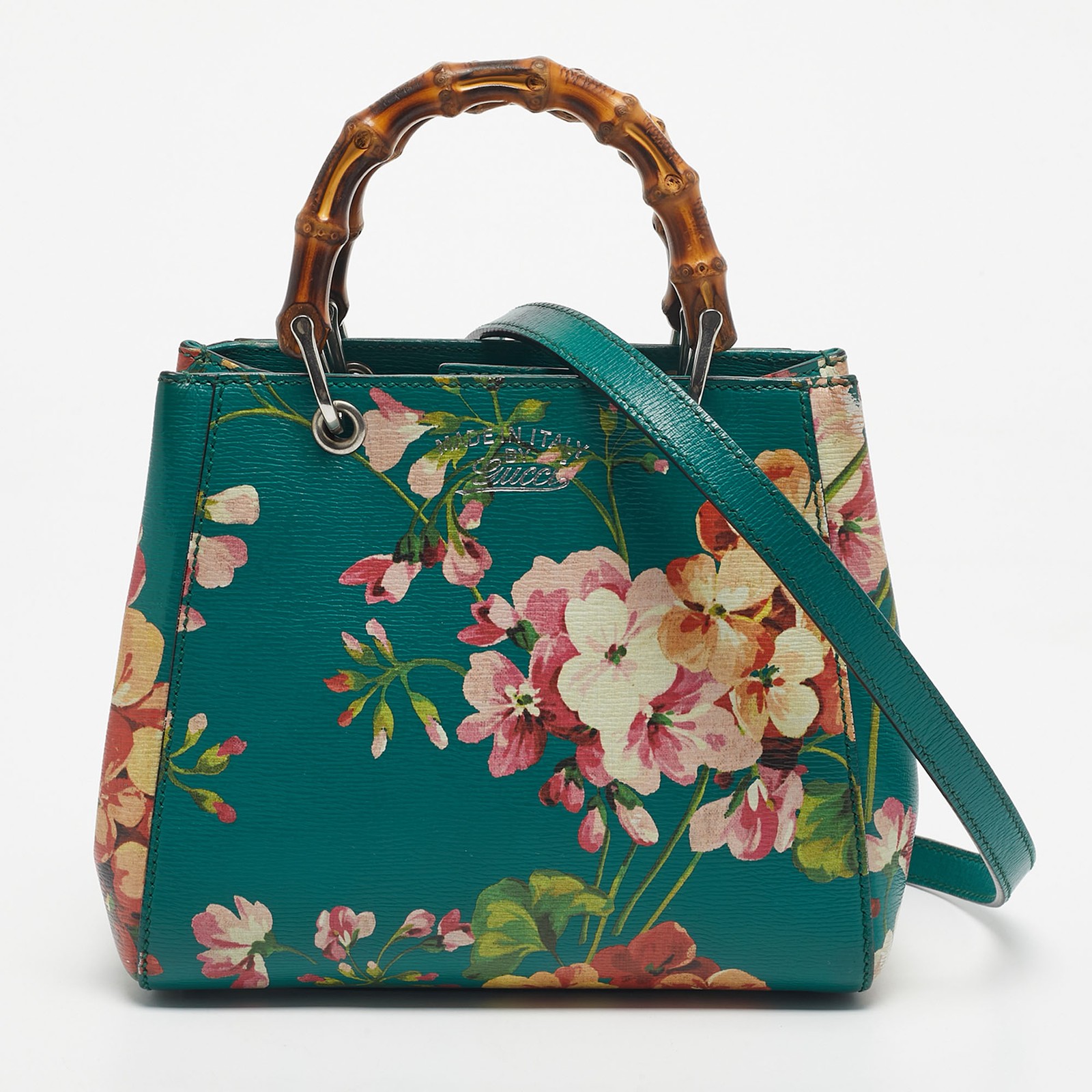 Gucci Green Leather Mini Blooms Bamboo Tote
