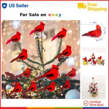 Christmas Tree Ornament Decorations Red Feathers Set of 12 Clip On 2.8 Inches