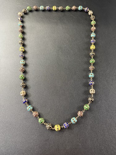 Antique Vintage Chinese Export Silver Filigree Enamel Ball Necklace 30” G6 - Picture 2 of 14