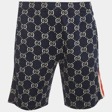 Gucci Navy Blue Web Striped Monogram Jacquard Knit Shorts L