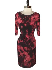 CONNECTED Size 12 Sheath Dress Black Red Floral Short Sleeve Stretch Knee Length