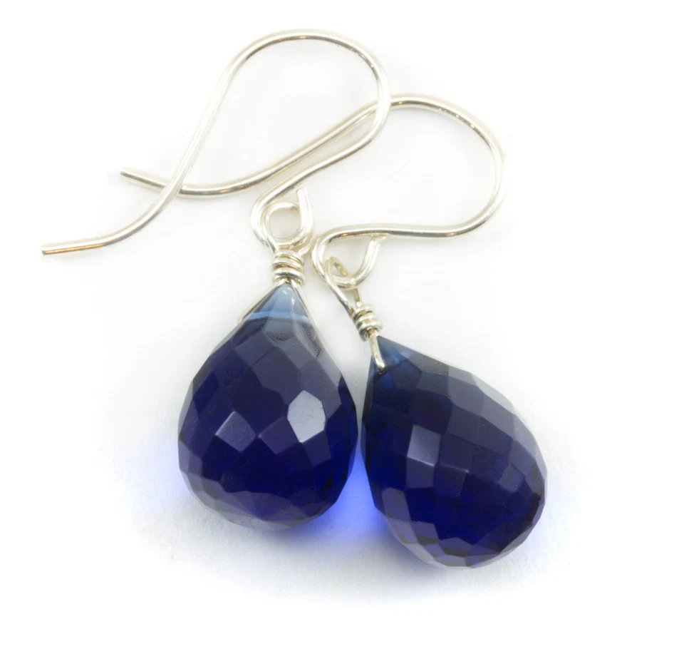 Pendientes Briolettes de zafiro simulado azul oscuro gotas de plata de ley oro de 14 k Foto 4 de 4