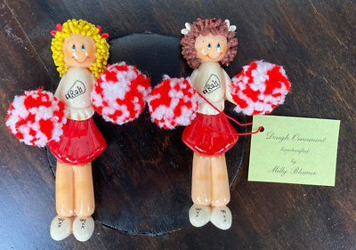 Pair of Dough Ornament ''Cheerleaders'', Handcrafted by Milly Blumer