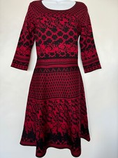 TAYLOR Womens L  Burgundy/Black Fit&Flare Leaf Gothic 3/4 Sleeve Sweater Dress