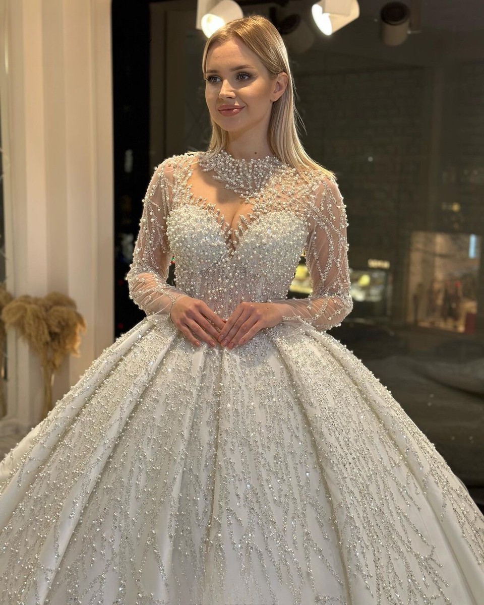 Elegant Wedding Dresses Long Sleeves Pearls A-Line Chapel Princess - Main Image