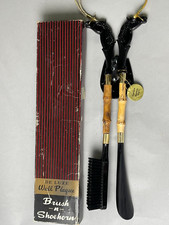 Vintage Brush n Shoehorn Wall Plaque Japan 3957 Black Bamboo Boxed Set Hangs