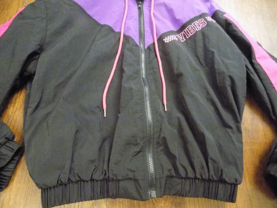 Rue 21 Retro Black Purple Hit Pink Vibes Windbreaker Jacket Full Zip Hoodie sz S - Image 3 of 4