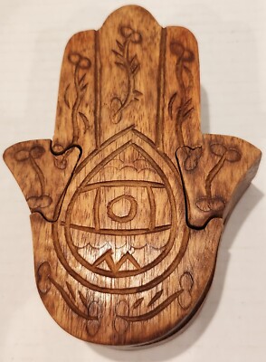 Handmade HAMSA HAND of God Carved Wood PUZZLE BOX Trinket Box India Eye Flower